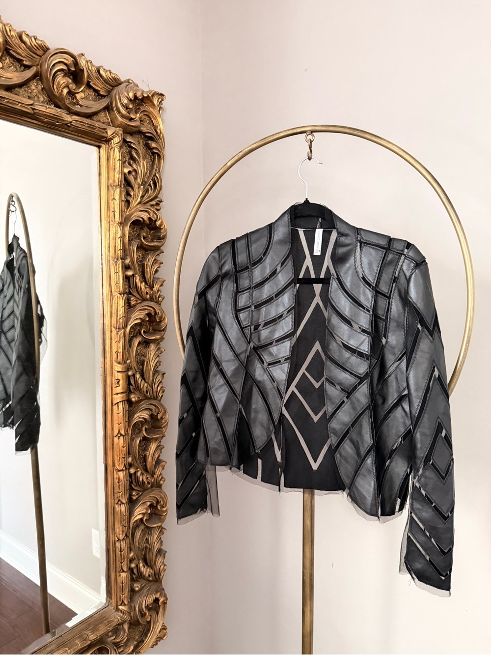 Black Faux Leather Geometric Panel Cropped Jacket